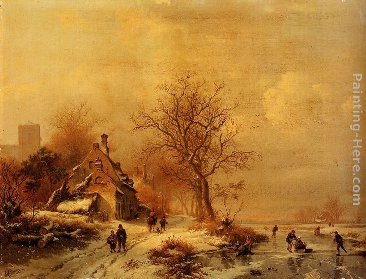 Frederik Marianus Kruseman Figures In A Frozen Winter Landscape